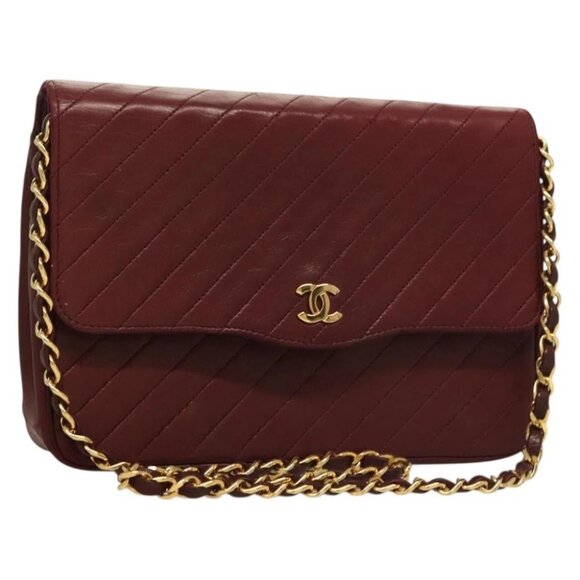 CHANEL Full Flap Chain Shoulder Bag Lamb Skin Bordeaux Gold CC Auth bs27626 - Picture 1 of 14